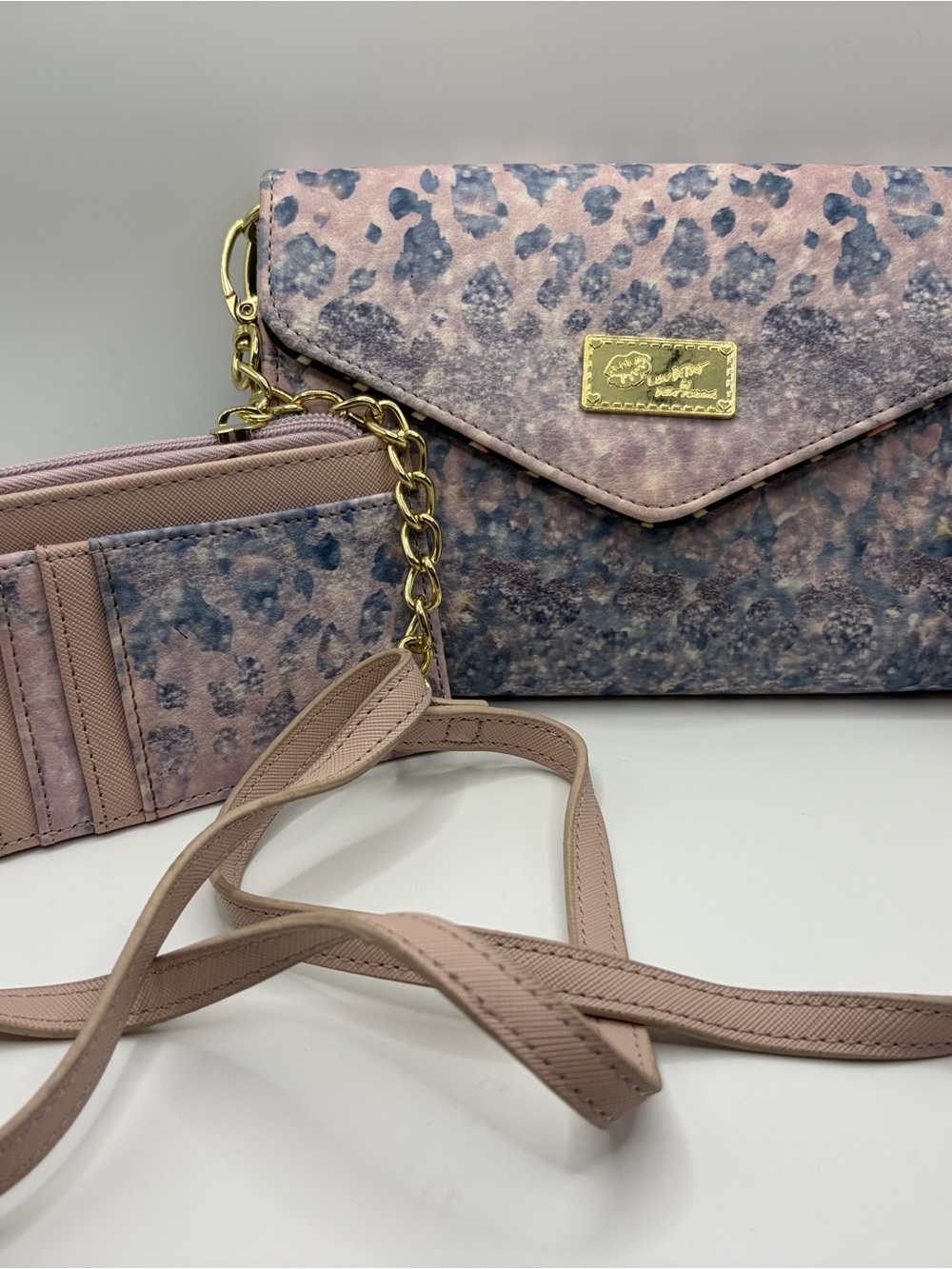 Leopard-Print Envelope Crossbody Bag - Blush / Blue with matching wallet